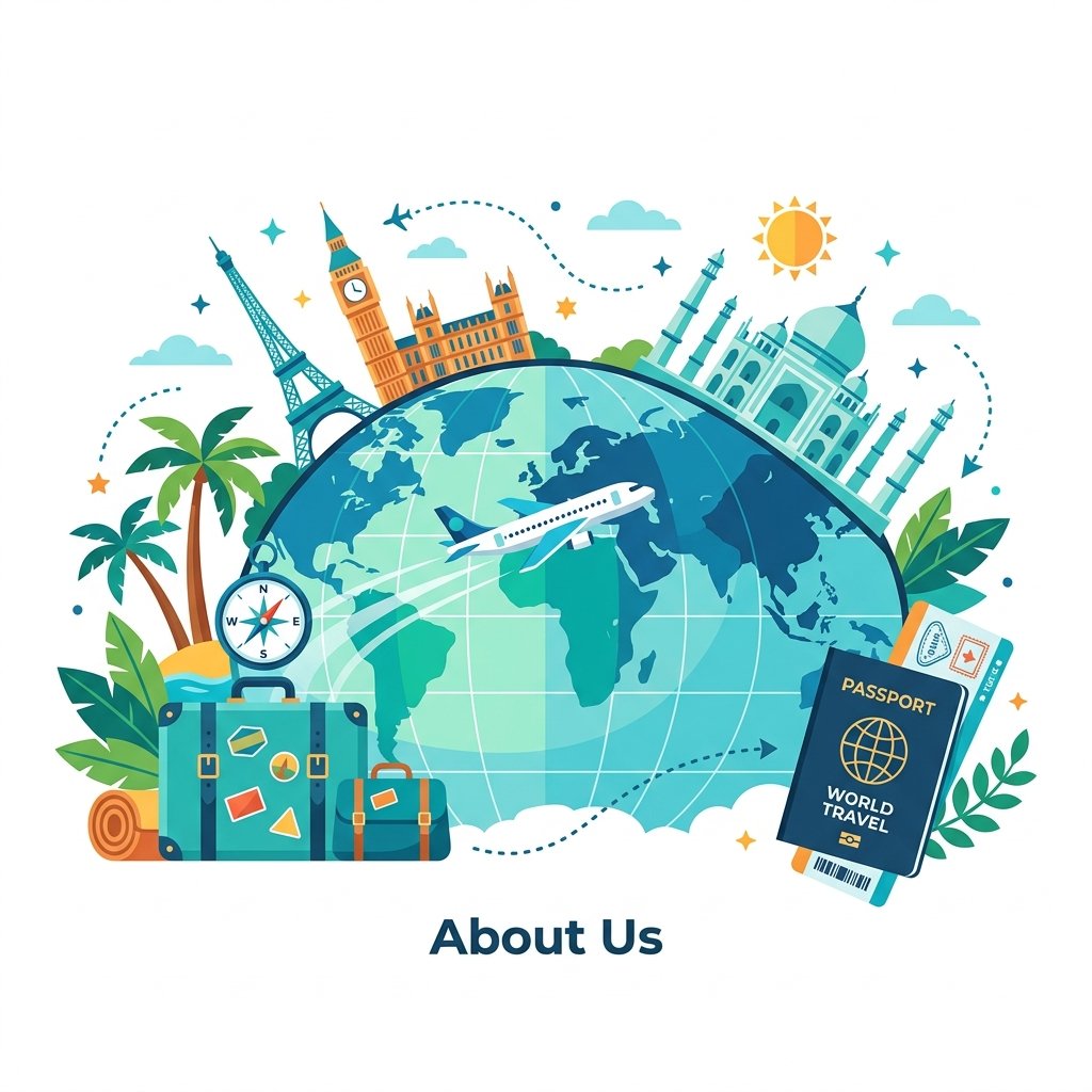 Travel illustration showing world landmarks, airplane and luggage