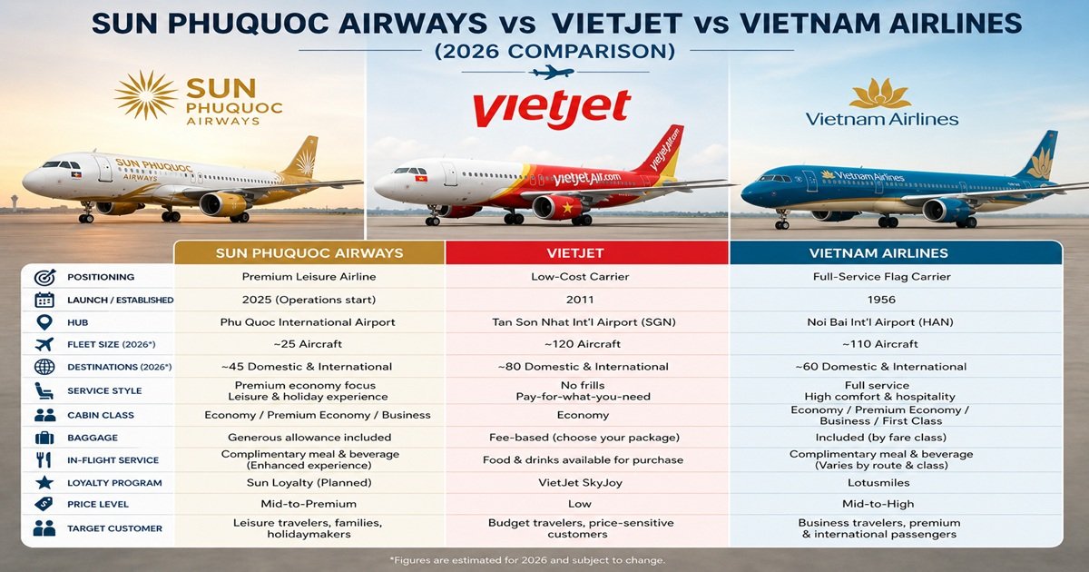 Sun PhuQuoc Airways vs VietJet vs Vietnam Airlines (2026 Comparison)